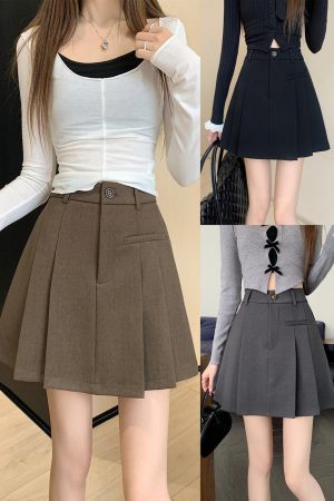Plus-Size High-Waisted Gray Pleated Skirt for Women - A-Line Midi Skirt, Slimming College Style for Spring and Summer Wear