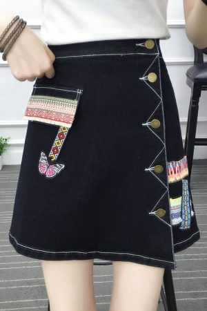 Plus Size High-Waisted Irregular Denim Skirt for Women - Summer Korean Style, Slimming Embroidered A-Line Half-Length Skirt