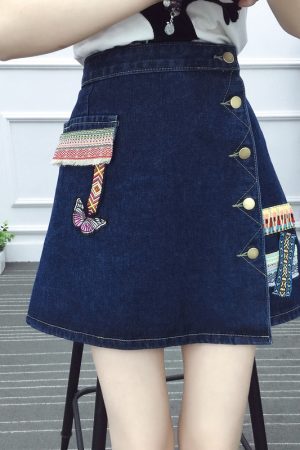 Plus Size High-Waisted Irregular Denim Skirt for Women - Summer Korean Style, Slimming Embroidered A-Line Half-Length Skirt