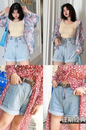 Plus-Size High-Waisted Loose-Fitting Denim Shorts with Rolled Hem - Classic Casual Straight-Leg Style for Everyday Wear