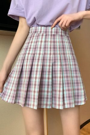 Plus Size High-Waisted Plaid Pleated Skirt for Women - 2025 Spring Summer College Style Short Skirt, Anti-Exposure Design