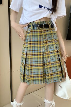 Plus Size High-Waisted Plaid Pleated Skirt for Women - Summer Blue and Yellow Checkered A-Line Mid-Length College Style Skirt