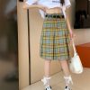 Plus Size High-Waisted Plaid Pleated Skirt for Women - Summer Blue and Yellow Checkered A-Line Mid-Length College Style Skirt