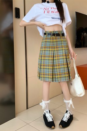 Plus Size High-Waisted Plaid Pleated Skirt for Women - Summer Blue and Yellow Checkered A-Line Mid-Length College Style Skirt