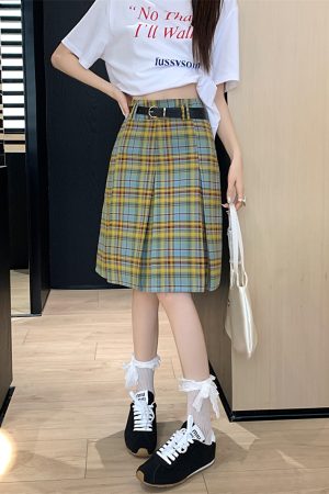 Plus Size High-Waisted Plaid Pleated Skirt for Women - Summer Blue and Yellow Checkered A-Line Mid-Length College Style Skirt