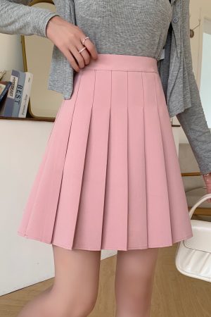 Plus-Size High-Waisted Pleated A-Line Skirt for Women - JK Style Gray Mid-Length Spring Summer Skirt for Curvy Figures