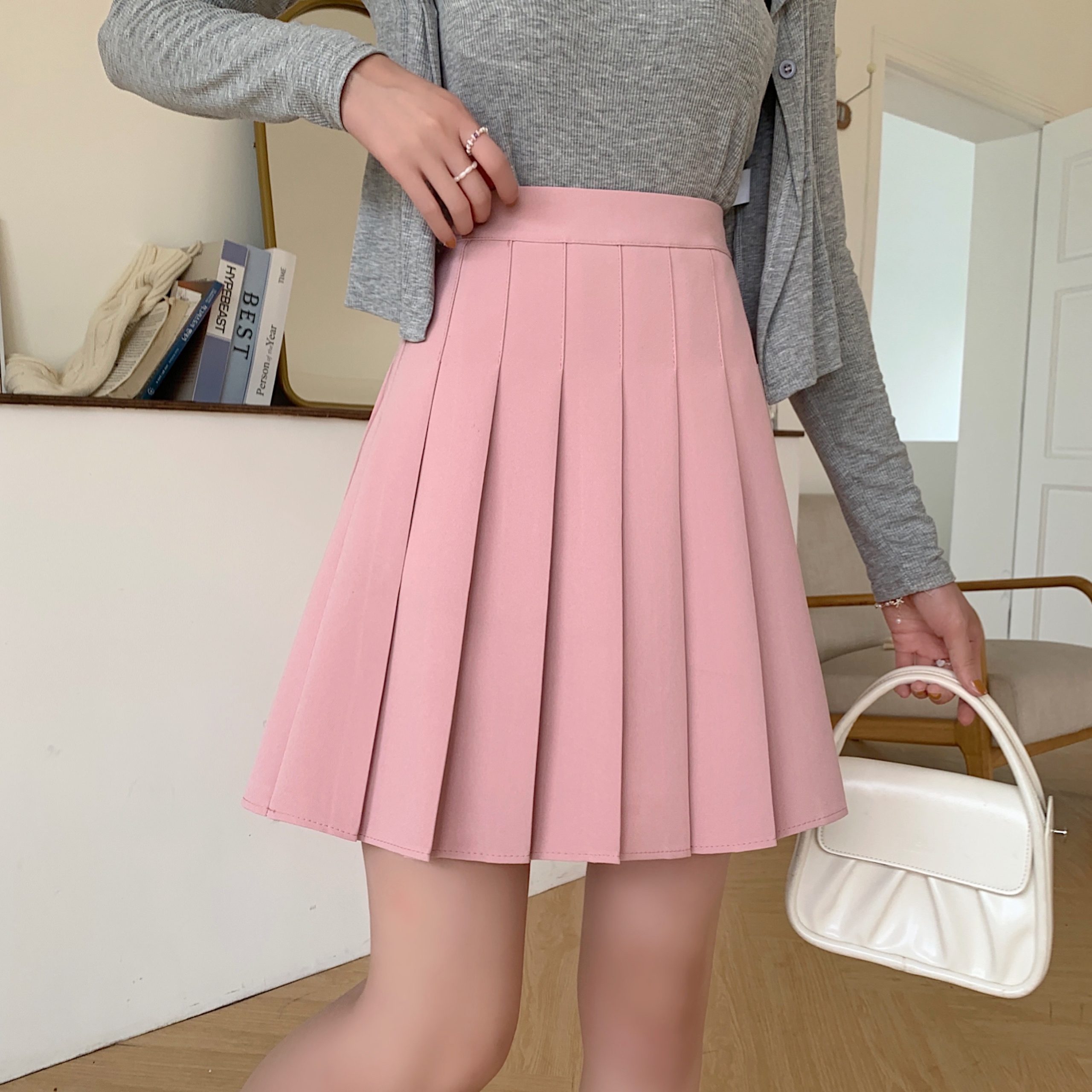 Plus-Size High-Waisted Pleated A-Line Skirt for Women - JK Style Gray Mid-Length Spring Summer Skirt for Curvy Figures Plus-Size High-Waisted Pleated A-Line Skirt for Women - JK Style Gray Mid-Length Spring Summer Skirt for Curvy Figures