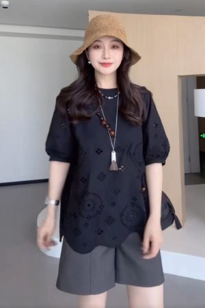 Plus Size Hollowed-Out Lace Short Sleeve Shirt for Women - Flattering Loose Fit, Perfect for Curvy Figures, Stylish and Comfortable