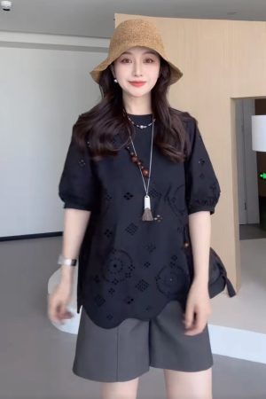 Plus Size Hollowed-Out Lace Short Sleeve Shirt for Women - Flattering Loose Fit, Perfect for Curvy Figures, Stylish and Comfortable