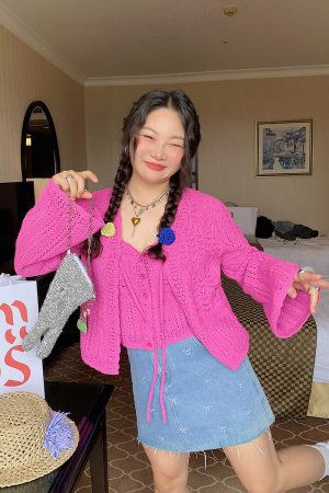 Plus Size Ice Silk Knitted Cardigan and Camisole Two-Piece Set for Curvy Women - Spring/Summer 2025 Fashion