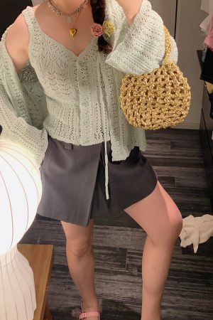 Plus Size Ice Silk Knitted Cardigan and Camisole Two-Piece Set for Curvy Women - Spring/Summer 2025 Fashion