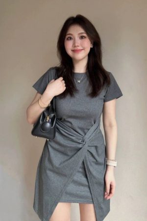 Plus Size Irregular Short Sleeve Dress for Women, Flattering Waist-Cinching T-Shirt Style, Summer Chic for Pear-Shaped Figures