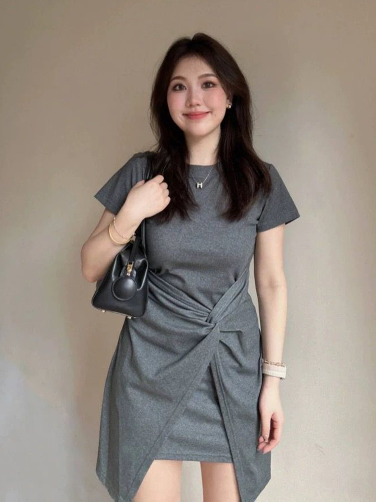 Plus Size Irregular Short Sleeve Dress for Women, Flattering Waist-Cinching T-Shirt Style, Summer Chic for Pear-Shaped Figures Plus Size Irregular Short Sleeve Dress for Women, Flattering Waist-Cinching T-Shirt Style, Summer Chic for Pear-Shaped Figures