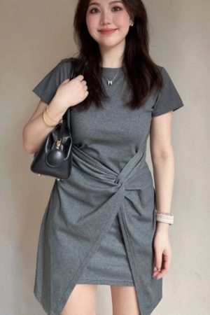 Plus Size Irregular Short Sleeve Dress for Women, Flattering Waist-Cinching T-Shirt Style, Summer Chic for Pear-Shaped Figures