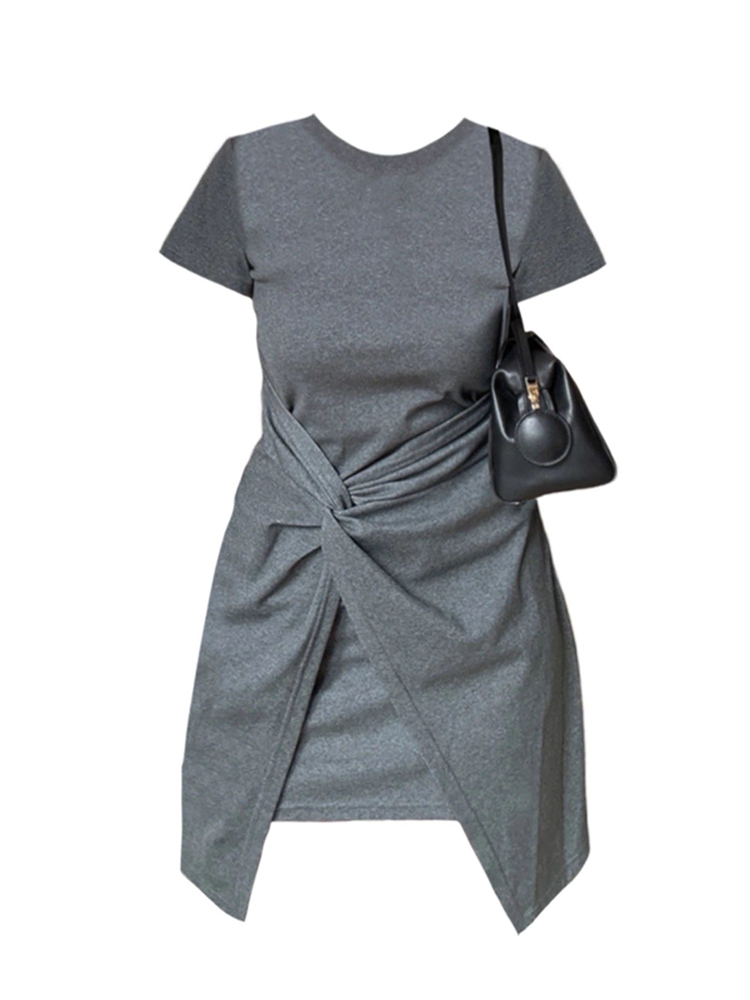 Plus Size Irregular Short Sleeve Dress for Women, Flattering Waist-Cinching T-Shirt Style, Summer Chic for Pear-Shaped Figures Plus Size Irregular Short Sleeve Dress for Women, Flattering Waist-Cinching T-Shirt Style, Summer Chic for Pear-Shaped Figures