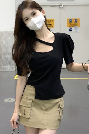 Plus-Size Irregular Short Sleeve T-Shirt for Women - Summer Korean Design, Slim Fit, Flattering Cropped Shoulder Top