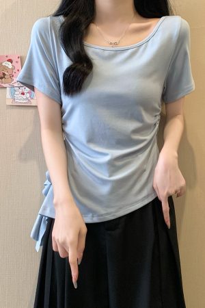 Plus Size Irregular Shoulder Short Sleeve T-Shirt for Women - Summer Ruffle Drawstring Waist Top, Slimming Fit, Trendy Style