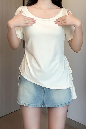 Plus Size Irregular Shoulder Short Sleeve T-Shirt for Women - Summer Ruffle Drawstring Waist Top, Slimming Fit, Trendy Style