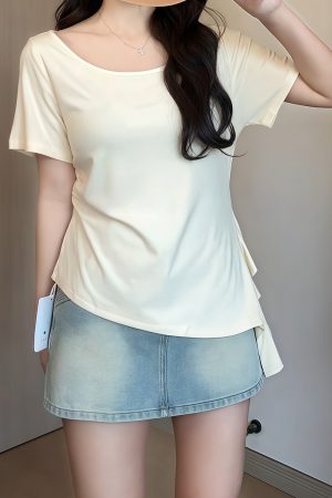Plus Size Irregular Shoulder Short Sleeve T-Shirt for Women - Summer Ruffle Drawstring Waist Top, Slimming Fit, Trendy Style