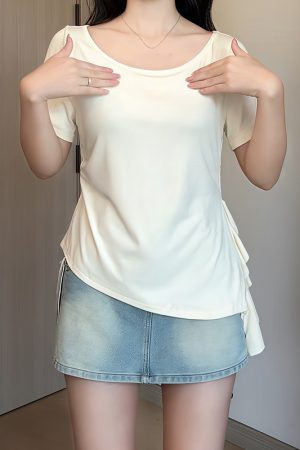Plus Size Irregular Shoulder Short Sleeve T-Shirt for Women - Summer Ruffle Drawstring Waist Top, Slimming Fit, Trendy Style