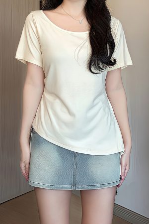 Plus Size Irregular Shoulder Short Sleeve T-Shirt for Women - Summer Ruffle Drawstring Waist Top, Slimming Fit, Trendy Style