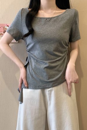 Plus Size Irregular Shoulder Short Sleeve T-Shirt for Women - Summer Ruffle Drawstring Waist Top, Slimming Fit, Trendy Style