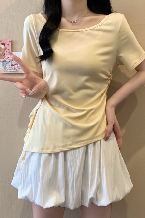 Plus Size Irregular Shoulder Short Sleeve T-Shirt for Women - Summer Ruffle Drawstring Waist Top, Slimming Fit, Trendy Style