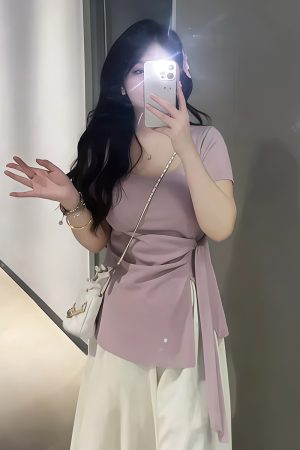 Plus-Size Irregular U-Neck Short Sleeve T-Shirt for Women - Flattering Cinched Waist, Summer Essential, French Design