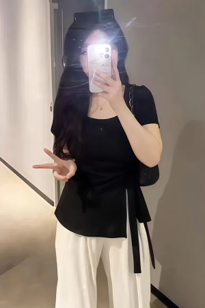 Plus-Size Irregular U-Neck Short Sleeve T-Shirt for Women - Flattering Cinched Waist, Summer Essential, French Design