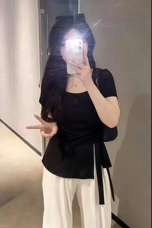 Plus-Size Irregular U-Neck Short Sleeve T-Shirt for Women - Flattering Cinched Waist, Summer Essential, French Design