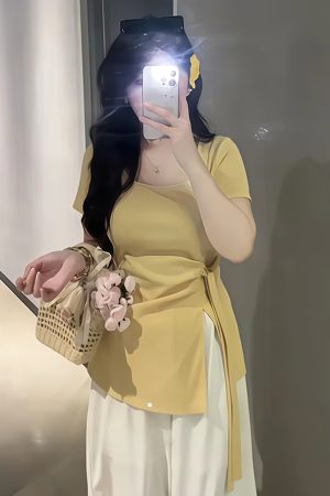 Plus-Size Irregular U-Neck Short Sleeve T-Shirt for Women - Flattering Cinched Waist, Summer Essential, French Design