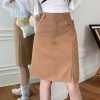 Plus Size Khaki Denim Midi Skirt for Women, Summer High-Waisted A-Line Bodycon with Slimming Split Design