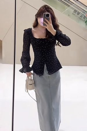Plus Size Korean-Style Black Polka Dot Blouse for Women - Flattering Square Neck, Waist-Cinching Design, Perfect for Chubby Figures
