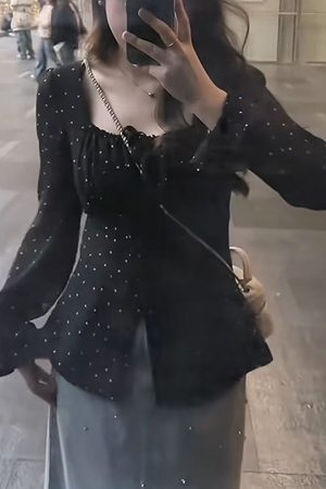 Plus Size Korean-Style Black Polka Dot Blouse for Women - Flattering Square Neck, Waist-Cinching Design, Perfect for Chubby Figures