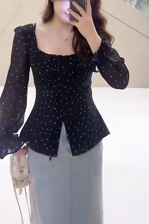 Plus Size Korean-Style Black Polka Dot Blouse for Women - Flattering Square Neck, Waist-Cinching Design, Perfect for Chubby Figures