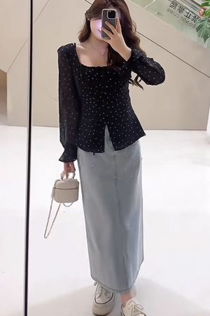 Plus Size Korean-Style Black Polka Dot Blouse for Women - Flattering Square Neck, Waist-Cinching Design, Perfect for Chubby Figures