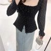 Plus Size Korean-Style Black Polka Dot Blouse for Women - Flattering Square Neck, Waist-Cinching Design, Perfect for Chubby Figures