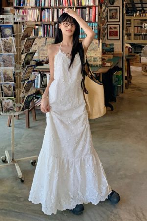 Plus-Size Lace Camisole Dress for Women, Summer French Style, Loose-Fitting Backless A-Line Long Dress, Slimming 90s Inspired Fashion