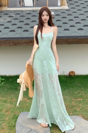 Plus Size Lace Mesh Camisole Dress for Women, Summer French Style, Waist-Cinching A-Line Long Dress for Beach Vacation