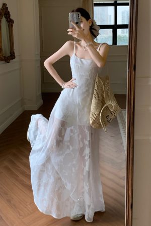 Plus Size Lace Mesh Camisole Dress for Women, Summer French Style, Waist-Cinching A-Line Long Dress for Beach Vacation