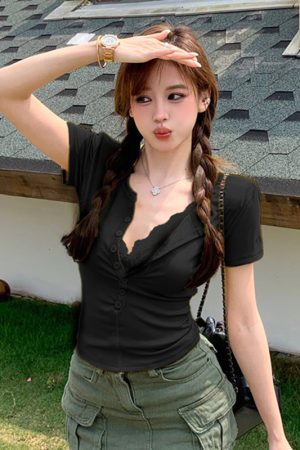 Plus Size Lace Spliced Button V-Neck Short Sleeve T-Shirt for Women - Summer Slim Fit Faux Two-Piece Top in Pure Desire Style