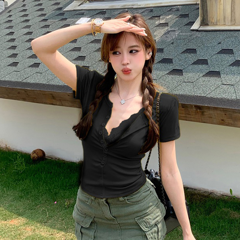 Plus Size Lace Spliced Button V-Neck Short Sleeve T-Shirt for Women - Summer Slim Fit Faux Two-Piece Top in Pure Desire Style Plus Size Lace Spliced Button V-Neck Short Sleeve T-Shirt for Women - Summer Slim Fit Faux Two-Piece Top in Pure Desire Style