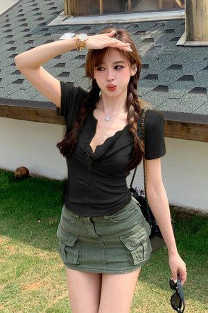 Plus Size Lace Spliced Button V-Neck Short Sleeve T-Shirt for Women - Summer Slim Fit Faux Two-Piece Top in Pure Desire Style