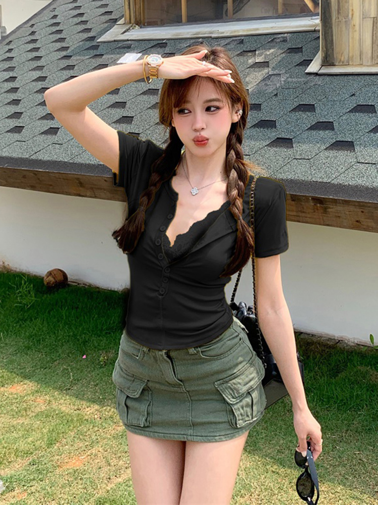 Plus Size Lace Spliced Button V-Neck Short Sleeve T-Shirt for Women - Summer Slim Fit Faux Two-Piece Top in Pure Desire Style Plus Size Lace Spliced Button V-Neck Short Sleeve T-Shirt for Women - Summer Slim Fit Faux Two-Piece Top in Pure Desire Style