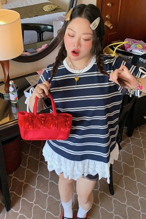 Plus Size Lace Spliced Striped T-Shirt for Women, Short Sleeve Summer 2025 Style, Unique and Trendy Top