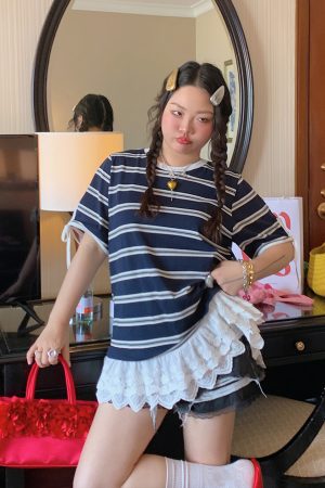 Plus Size Lace Spliced Striped T-Shirt for Women, Short Sleeve Summer 2025 Style, Unique and Trendy Top