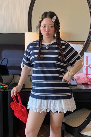 Plus Size Lace Spliced Striped T-Shirt for Women, Short Sleeve Summer 2025 Style, Unique and Trendy Top
