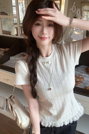 Plus Size Lace Trim Knitted Short Sleeve T-Shirt for Women, Summer Korean Style Slim Fit Top, Elegant Casual Wear