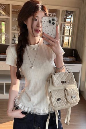 Plus Size Lace Trim Knitted Short Sleeve T-Shirt for Women, Summer Korean Style Slim Fit Top, Elegant Casual Wear