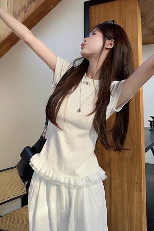 Plus Size Lace Trim Knitted Short Sleeve T-Shirt for Women, Summer Korean Style Slim Fit Top, Elegant Casual Wear